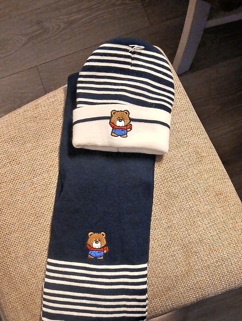 Kids Blue & White Striped Knit Set Beanie, Scarf , Gloves